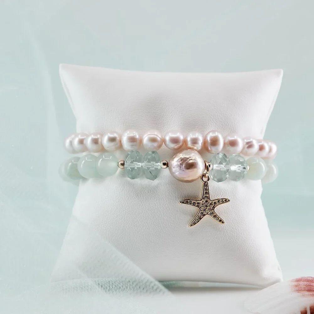 Charm Stretch Bracelet Set, Aquamarine, Pearls & Gold Filled CZ Starfish Charm